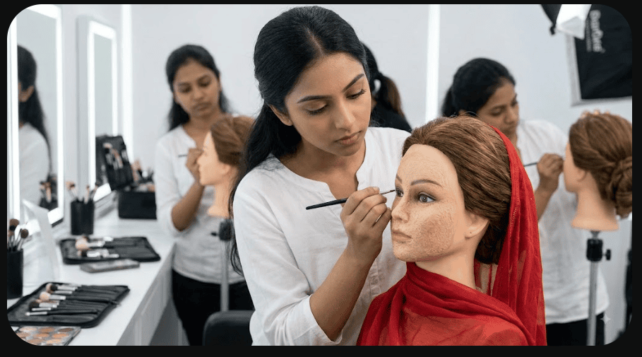 Makeup student practicing bridal makeup on a model